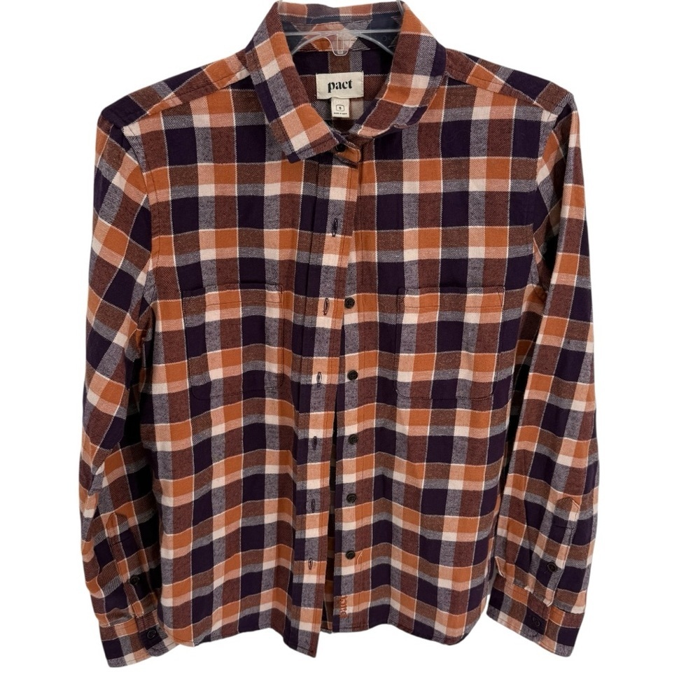 Pact Womens Plaid Mila Flannel Shirt Size Small Purple Gold Organic Cotton